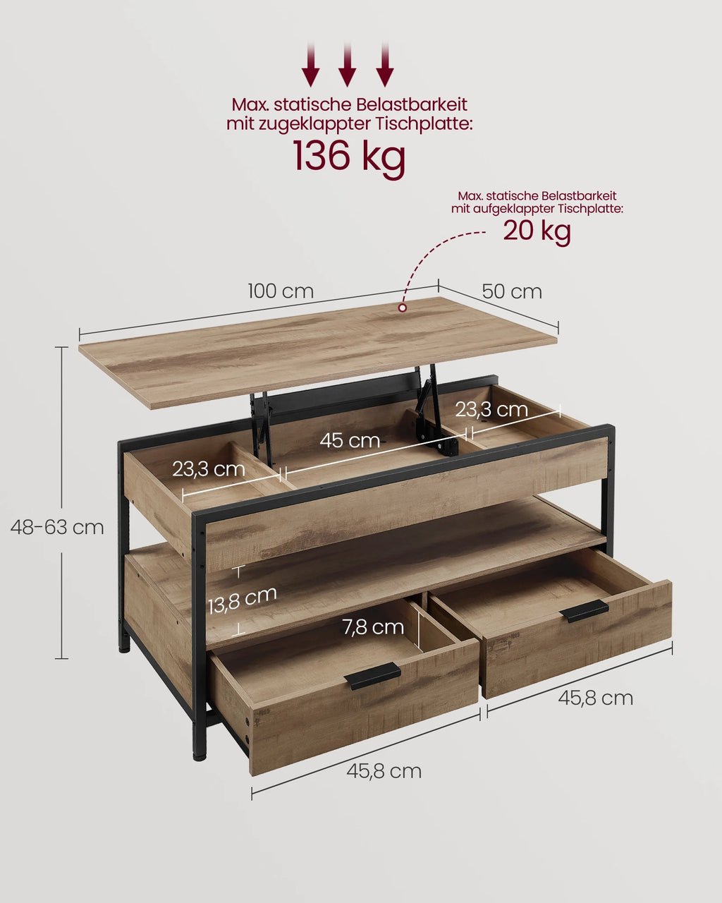 VASAGLE coffee table, height adjustable living room table, coffee table, with drawers, open compartment, 50x100 x (48-63)cm