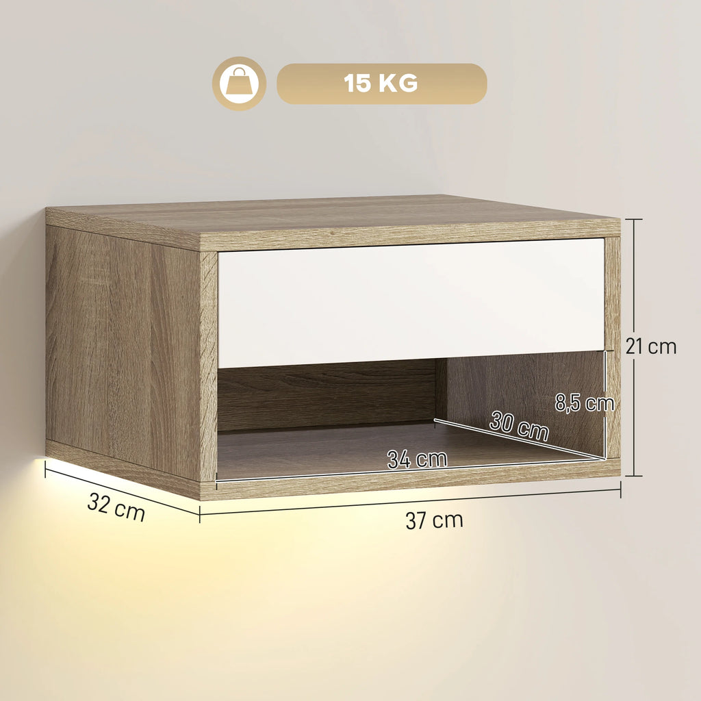 Juego de 2 mesitas de noche flotantes Homcom con luces LED RGB y control por aplicación, mesitas de noche para dormitorio con cajón y estante abierto, ideales para sala de estar, 37 x 32 x 21 cm.