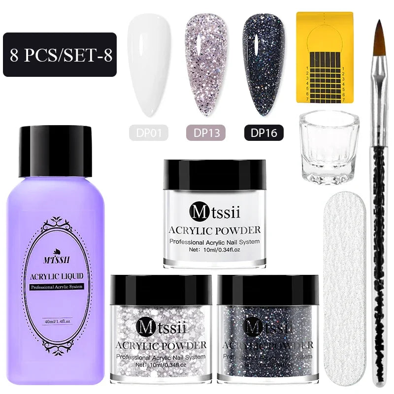 Juego de 8 piezas de sistema de uñas acrílicas en polvo MTSSII, color rosa nude transparente, monómero líquido con pincel para extensiones de uñas y tallado de flores.