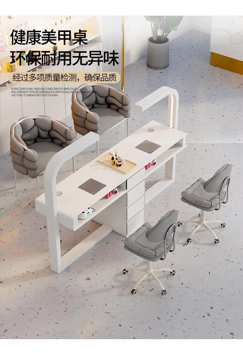 Cream Dust Collector Manicure Table With Lamp French Beauty Storage Nail Table Minimalist Aesthetic Table Ongle Salon Furniture