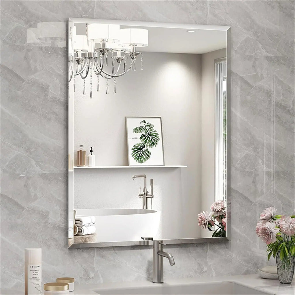 Espejo de pared rectangular sin marco, espejo de tocador, espejo de entrada decorativo con borde plateado biselado para baño, dormitorio, sala de estar y comedor.