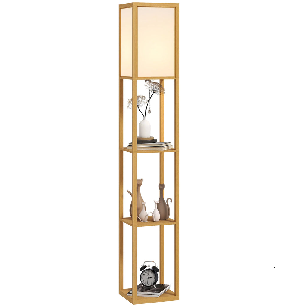 Lámpara de pie Homcom con estantes de almacenamiento, lámpara moderna de madera, bombilla E27, para sala de estar, dormitorio u oficina.