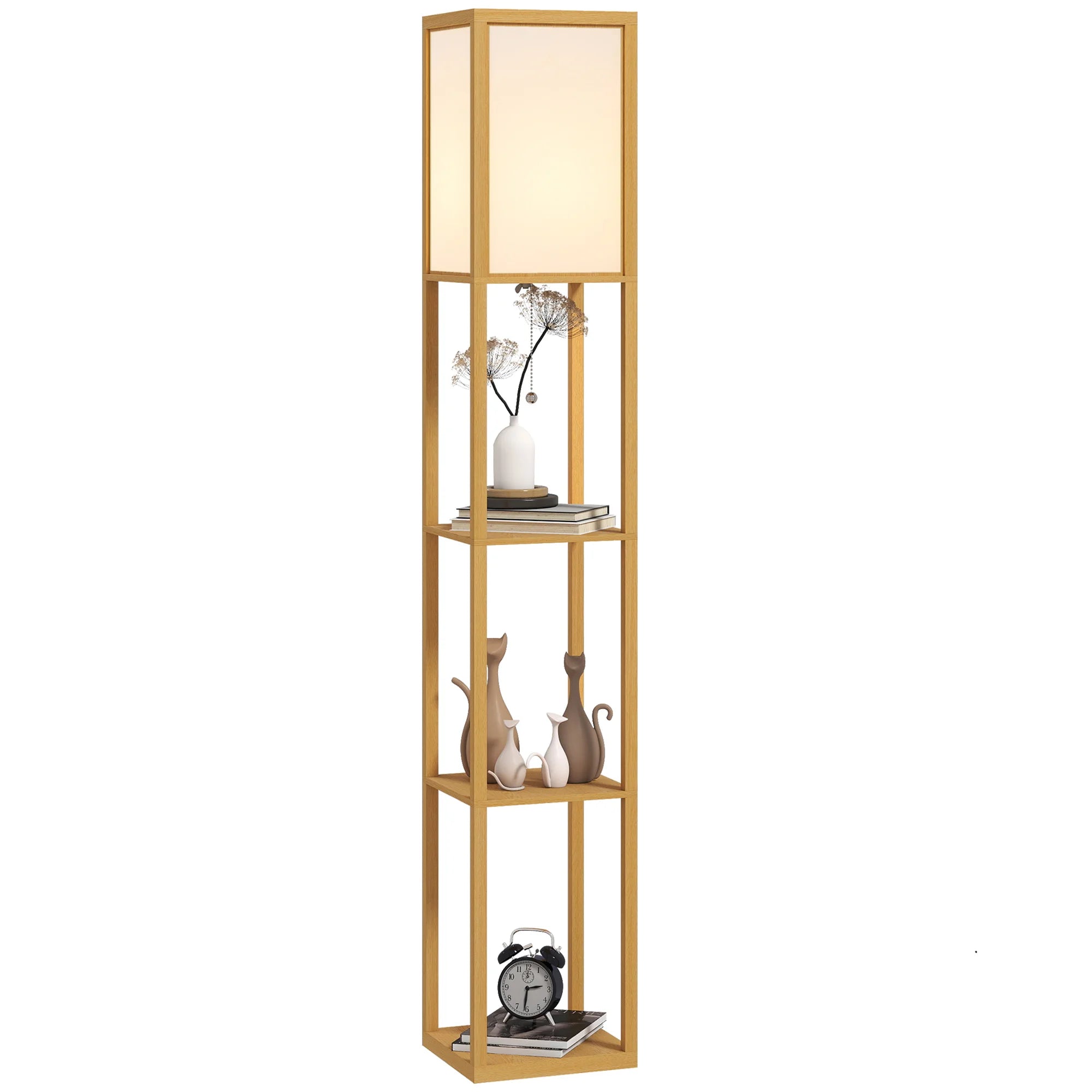 Lámpara de pie Homcom con estantes de almacenamiento, lámpara moderna de madera, bombilla E27, para sala de estar, dormitorio u oficina.