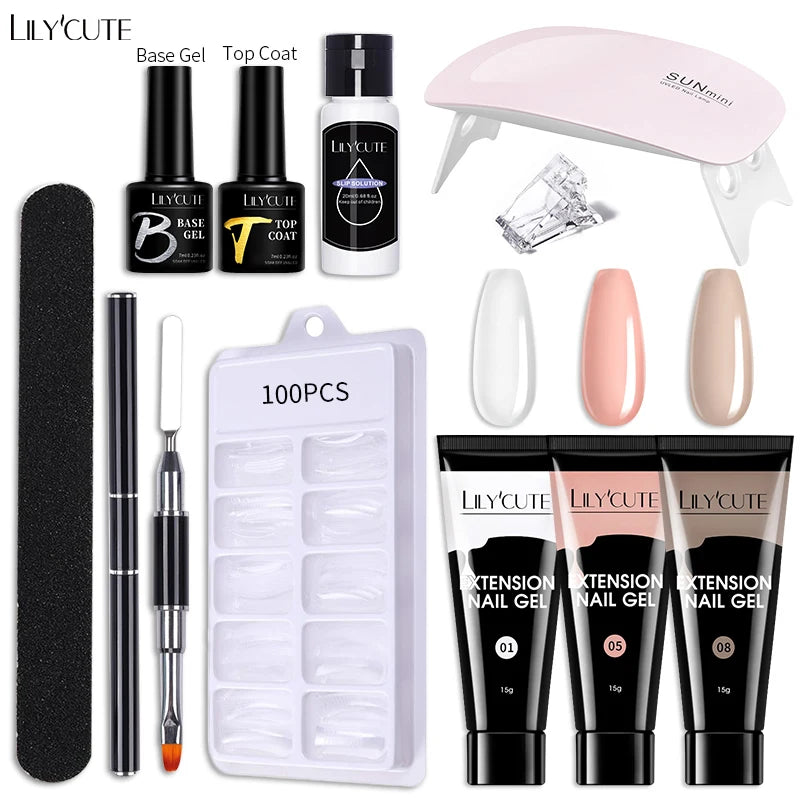 Kit de gel para extensión de uñas LILYCUTE de 15 ml, gel UV, acrílico, blanco, transparente, rosa, esmalte de uñas, lámpara LED, set de manicura para decoración de uñas.