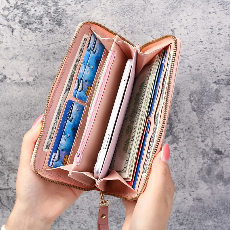 Carteras de moda con cremallera para mujer, bolsos largos, monederos, tarjeteros y carteras de piel sintética.