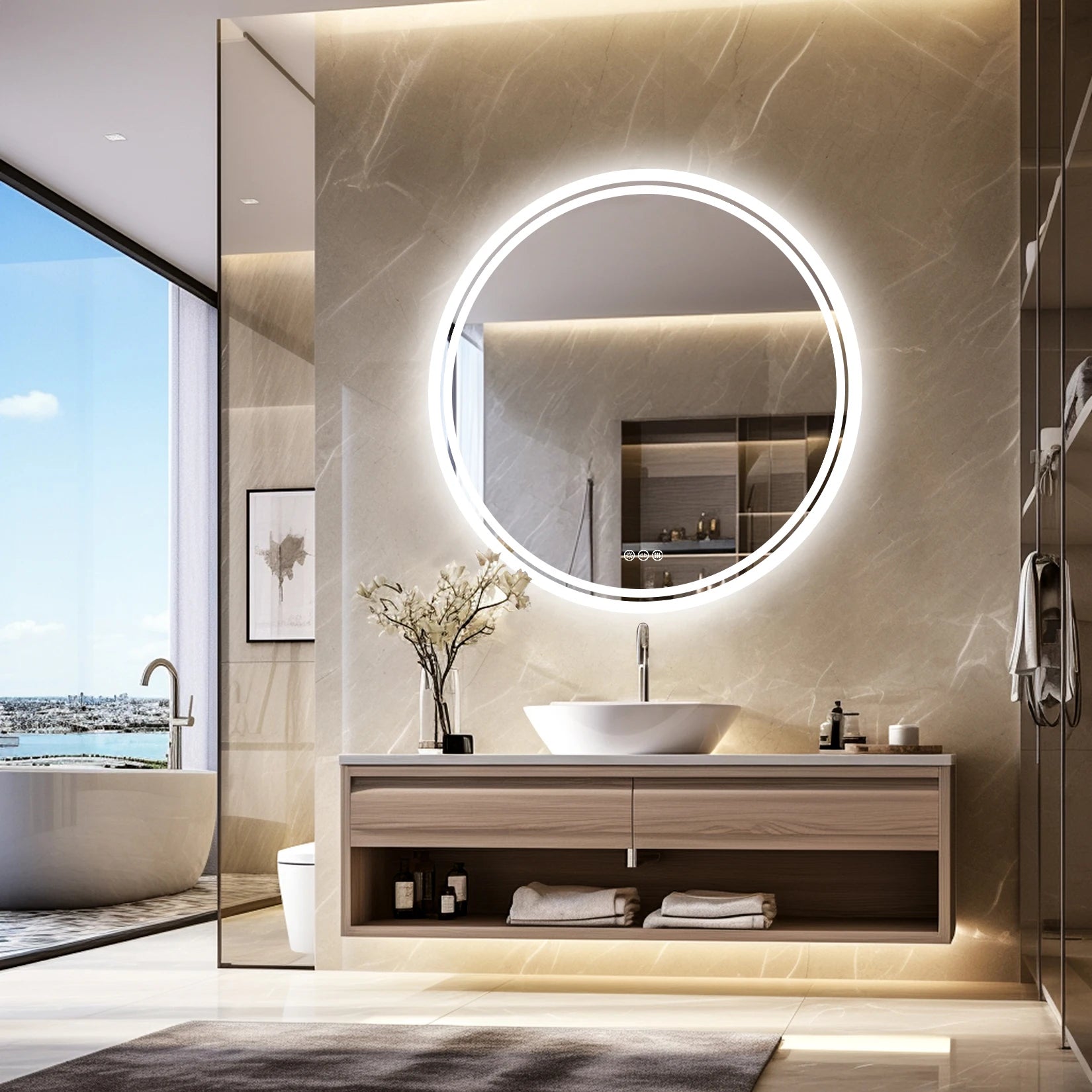 Espejo de baño con luces LED circulares retroiluminadas, espejo iluminado de pared, antivaho, 3 colores, IP65, regulable.