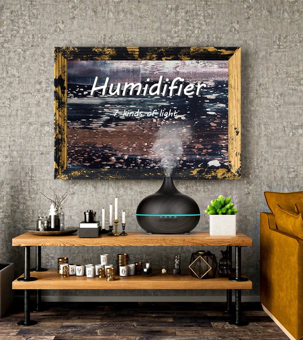 Difusor de aceites esenciales para aromaterapia con acabado de madera, control remoto, humidificador de aire ultrasónico, luz LED de 7 colores.