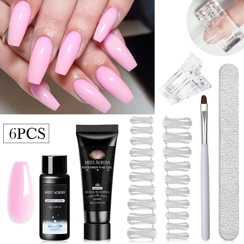 MEET ACROSS Kit de gel para extensión de uñas de 20 ml, gel duro de construcción rápida, acrílico, cristal blanco nude, esmalte de uñas de gel UV.