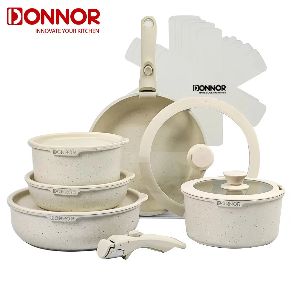 Juego de utensilios de cocina antiadherentes Donnor de 17 piezas con mango extraíble, fabricados en aluminio fundido a presión y compatibles con inducción.