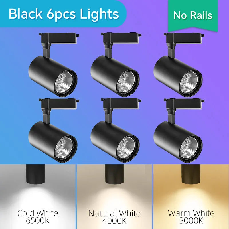 Juego completo de focos LED de riel de 50W, 40W y 20W con tecnología COB para iluminación de riel de techo en interiores, ideales para la decoración de salas de estar y cocinas.