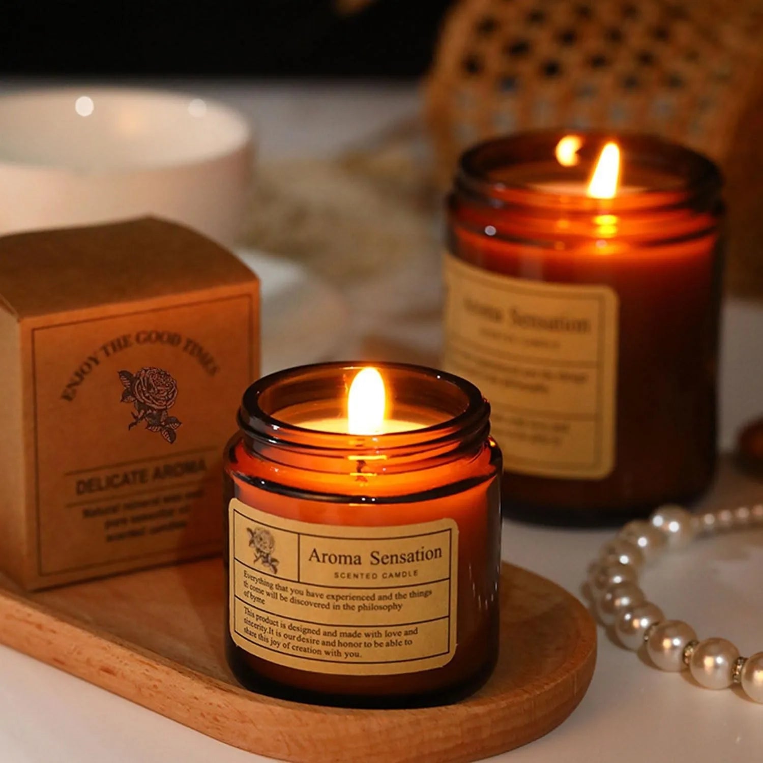 Vela aromática de vidrio ámbar de producción limitada - Vela romántica vintage sin humo para decoración de mesas de jardín y fiestas en el hogar