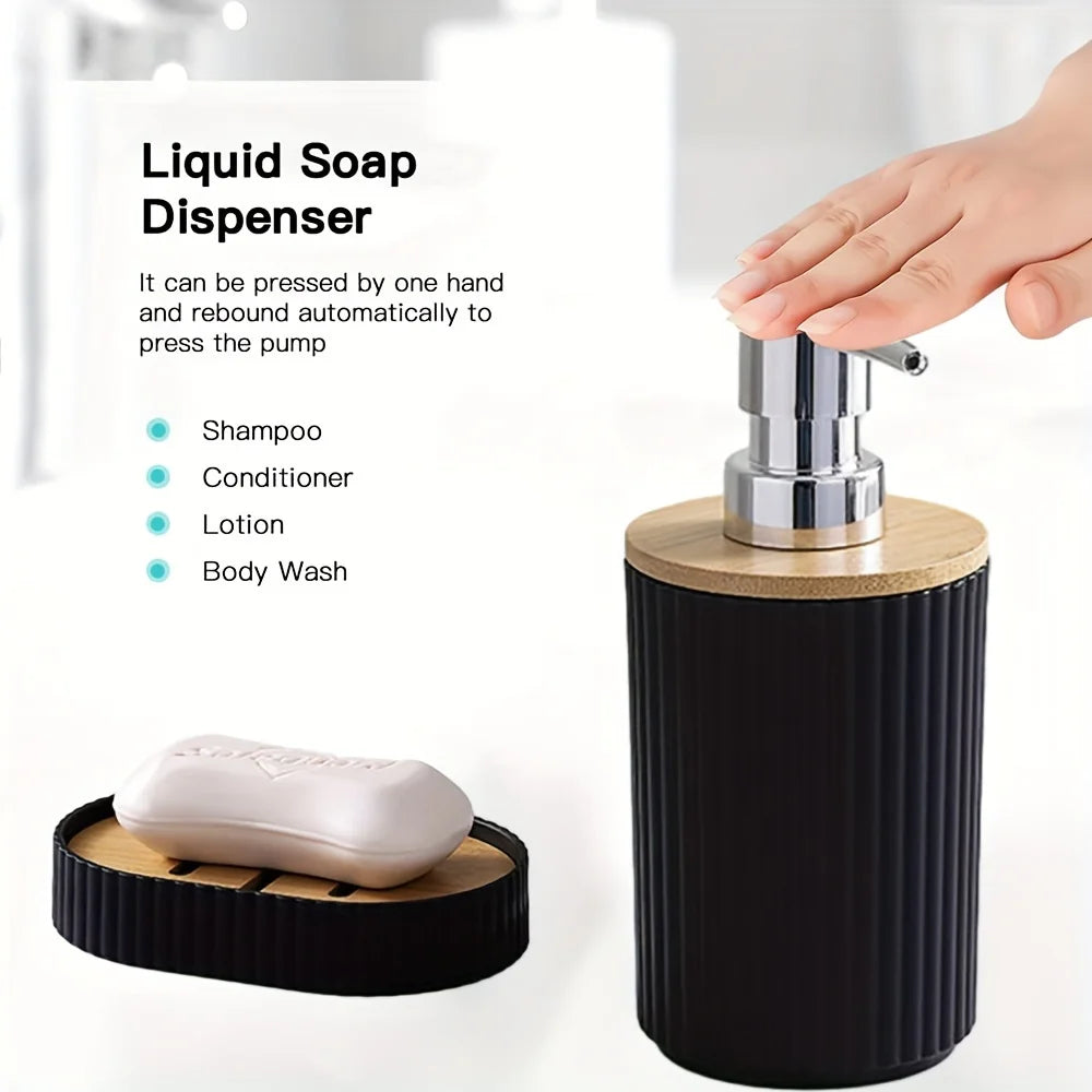 Juego de baño de 6 piezas con cubo de basura, portacepillos de dientes, dispensador de loción y jabón, jabonera, cepillo de inodoro y accesorios de baño.