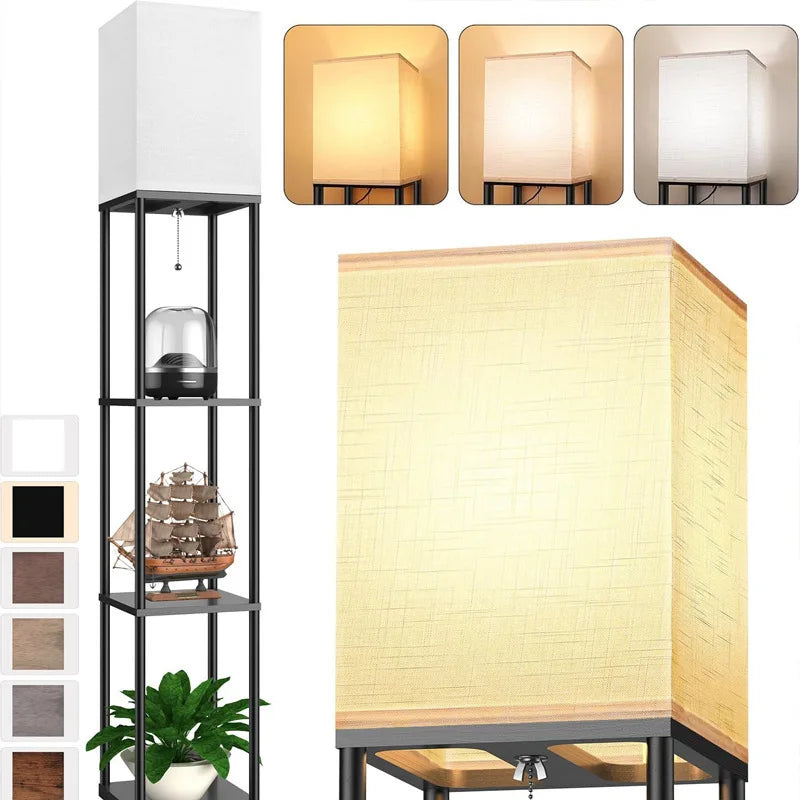 Lámpara de pie multifuncional con estante escalonado | Pantalla de tela y diseño minimalista para sala de estar/dormitorio (bombillas con certificación UL)