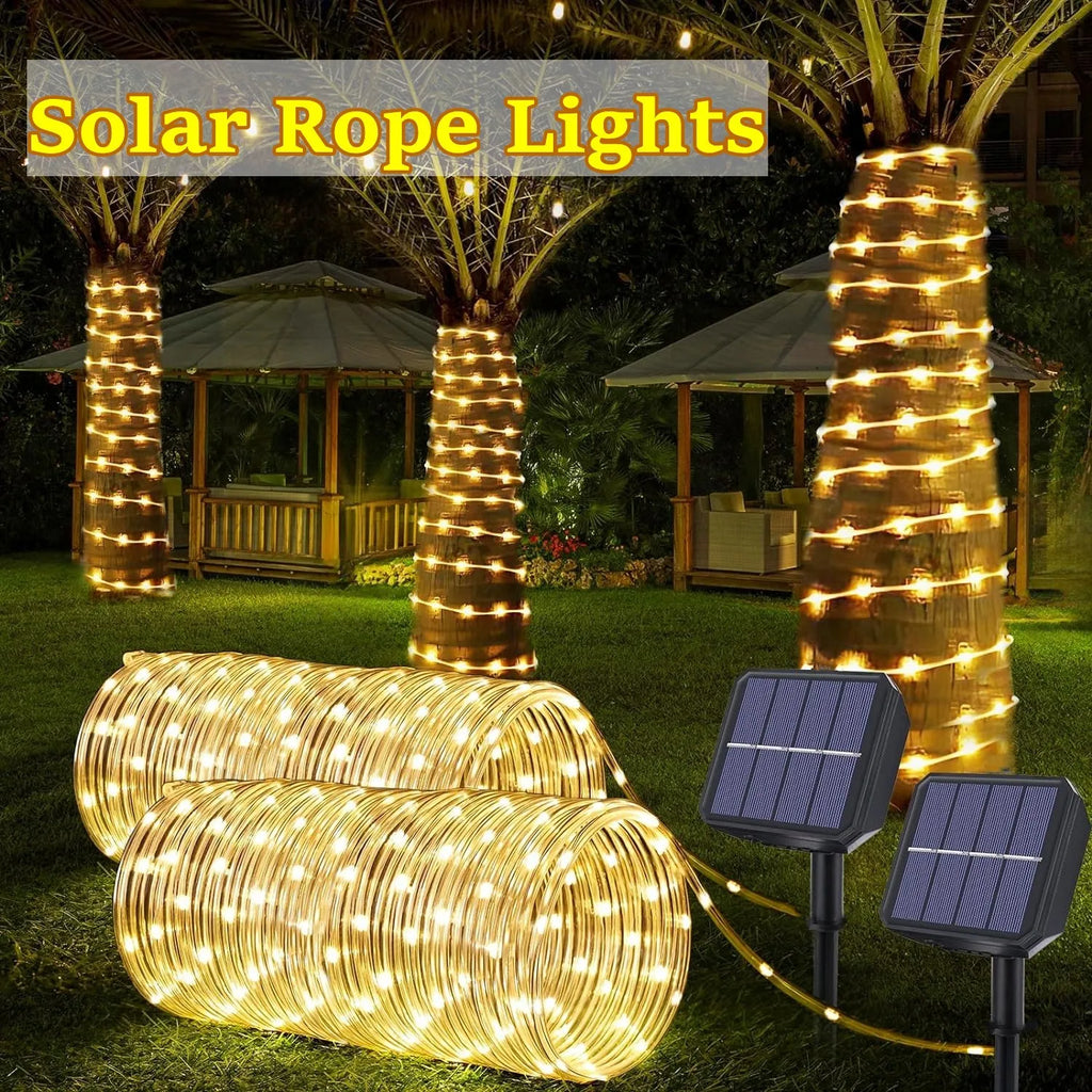 Tira de luces LED solares, tubo de cuerda, guirnalda de luces solares, decoración navideña para exteriores, jardín, césped, árbol, patio, valla.