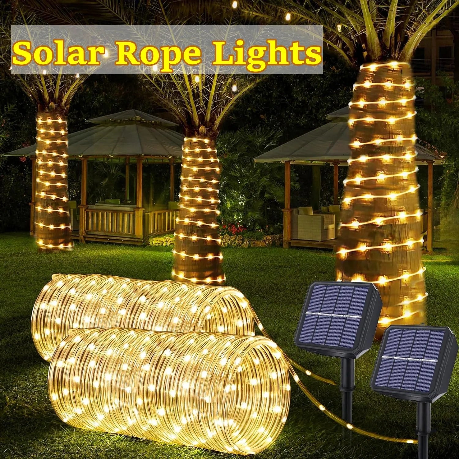Tira de luces LED solares, tubo de cuerda, guirnalda de luces solares, decoración navideña para exteriores, jardín, césped, árbol, patio, valla.