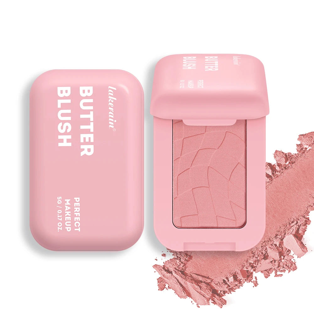 Colorete en polvo profesional de larga duración (12 horas), fórmula vegana. Colorete en polvo rosa crema de la paleta Bar Cosmetics.