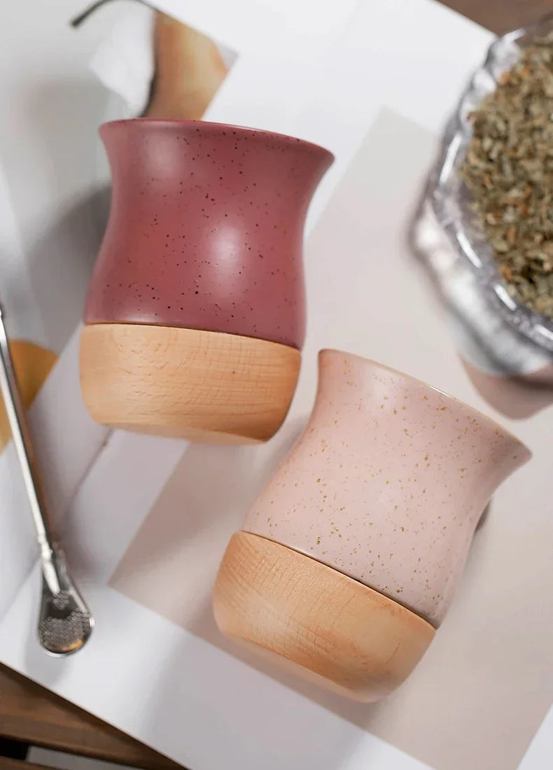 Mate   de acero inoxidable y cerámica con pajita 260 ml, cuchara y base de madera para leche, agua y té.