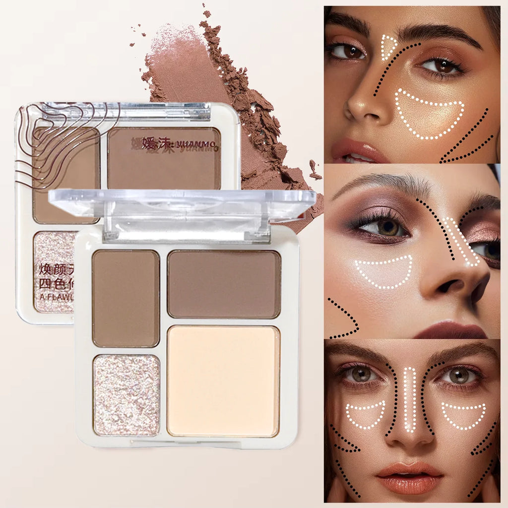 Paleta de contorno facial tridimensional de cuatro colores para iluminar y definir, cosméticos de contorno tridimensionales mate de larga duración.