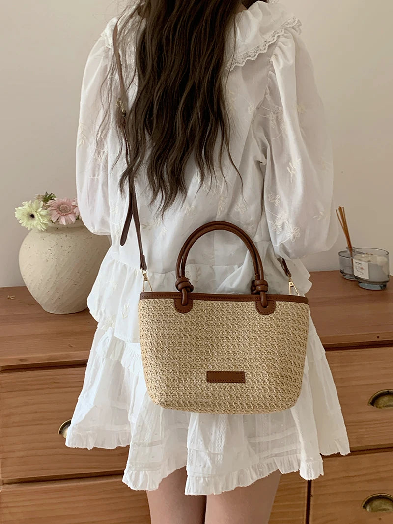 Bolso de hombro de paja para mujer, ideal para vacaciones de verano, con diseño retro. Bolsos cruzados portátiles para mujer, estilo cesta tejida.