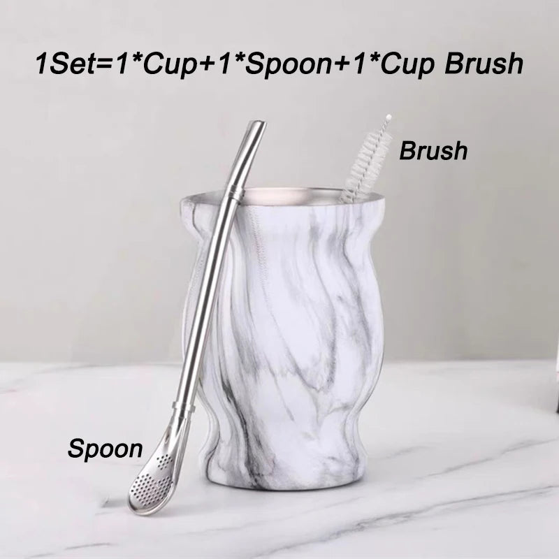 Mate de acero inoxidable 304 de doble pared de 237 ml (8 oz) con pajita, cuchara y cepillo de limpieza.