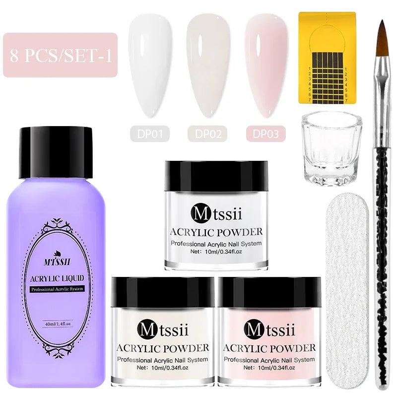 Juego de 8 piezas de sistema de uñas acrílicas en polvo MTSSII, color rosa nude transparente, monómero líquido con pincel para extensiones de uñas y tallado de flores.