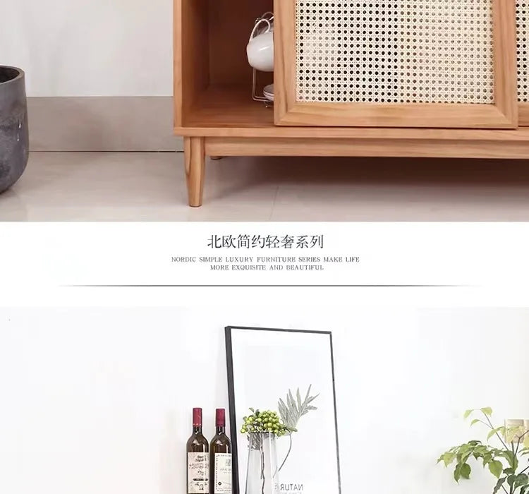 Nordic solid wood rattan dining side cabinet, entrance cabinet, American locker, simple tea cabinet, multi-functiona