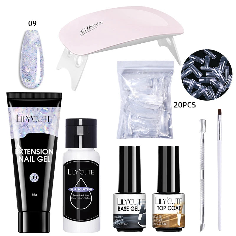 Kit de gel para extensión de uñas LILYCUTE de 15 ml, solución acrílica, esmalte en gel con lámpara para uñas para una rápida extensión, gel UV para uñas.