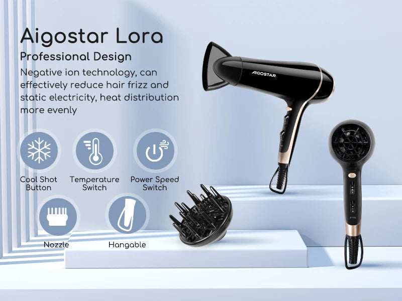Secador de pelo profesional, iones negativos, 2 velocidades, 3 niveles de temperatura + aire frío, difusor y concentrador, 2400 W.