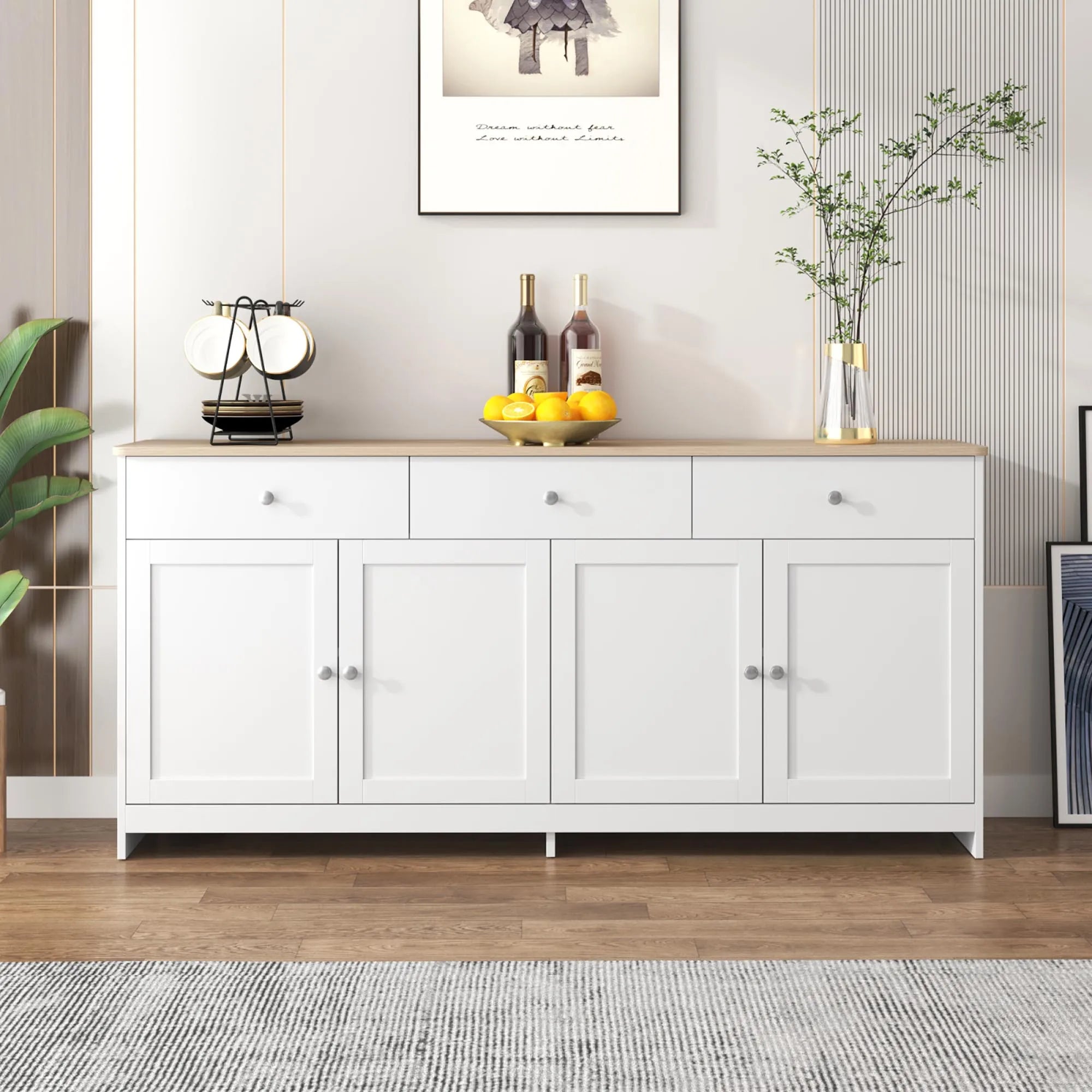 Comanlai Multi-Storage Sideboard Scandinavian Modern Buffet Cabinet 3 Drawers 4 Doors Storage Cabinet For Dining Living Room
