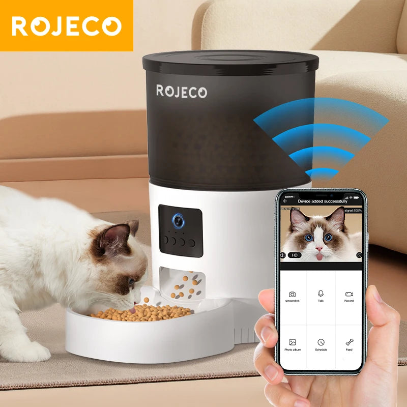 Comedero automático para gatos ROJECO con cámara de video, dispensador de comida para gatos, grabadora de voz inteligente para mascotas, control remoto, comedero automático para gatos y perros.