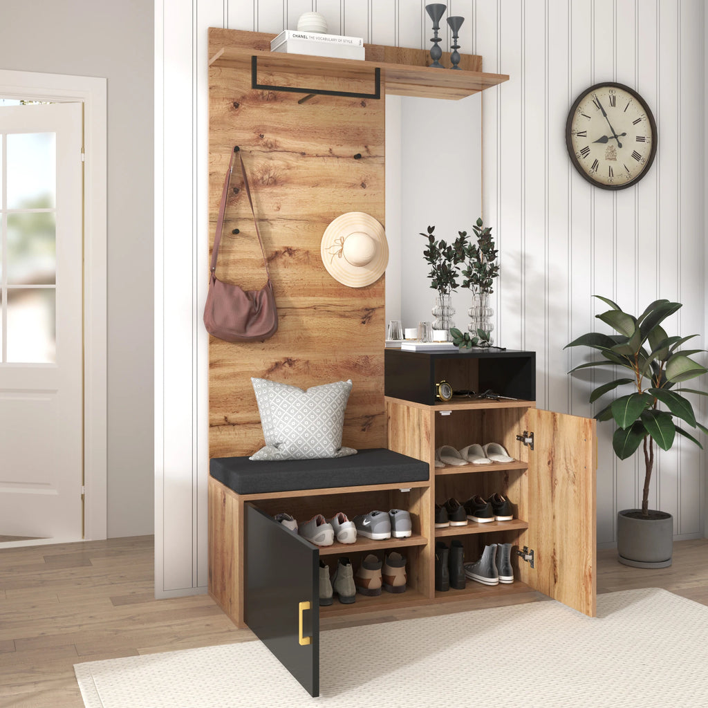 HOUSE SPOLE Bench coat rack Wall Wardrobe with dresses Hooks & Mirror