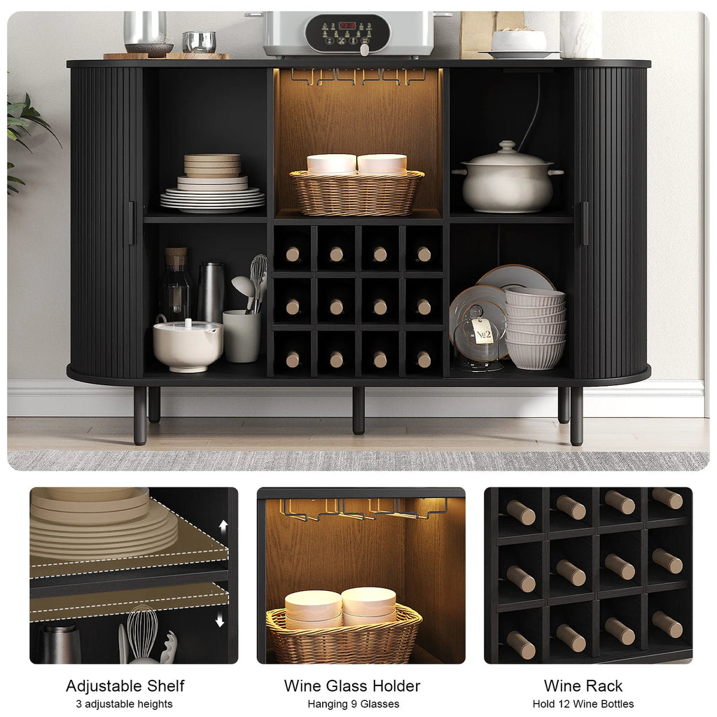 Wine Bar Cabinet w/ LED Light,Liquor Cabinet for Home,Coffee Bar Cabinet w/ Wine Rack & Glass Holder,Walnut Buffet Sideboard