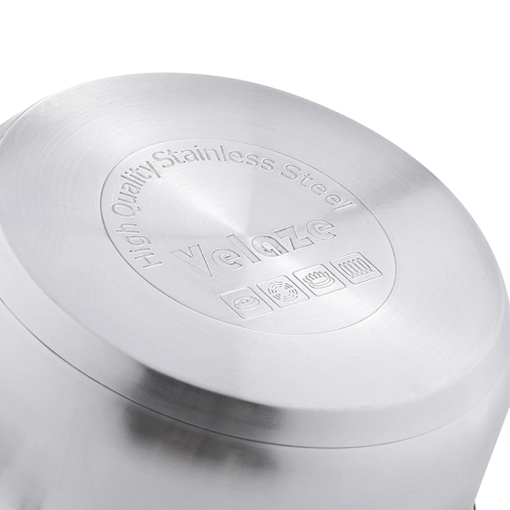 Juego de utensilios de cocina Velaze de 12 piezas, de acero inoxidable, apto para inducción, incluye cacerola, olla y cazuela con tapa de vidrio.