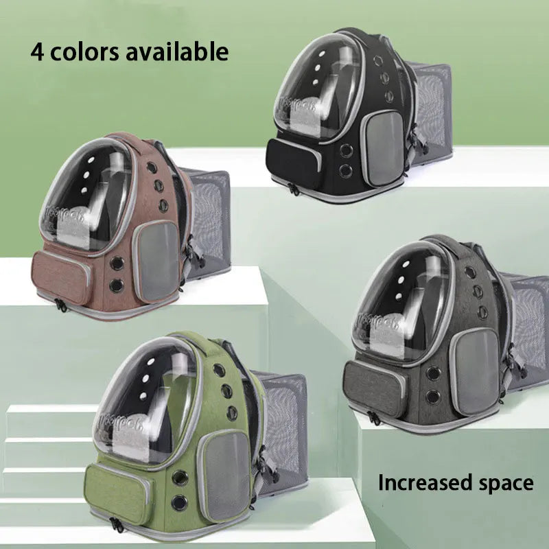 Mochila transportadora para mascotas espaciosa y expandible con correas dobles para los hombros y asa superior. Diseño apto para todas las estaciones para un viaje cómodo.
