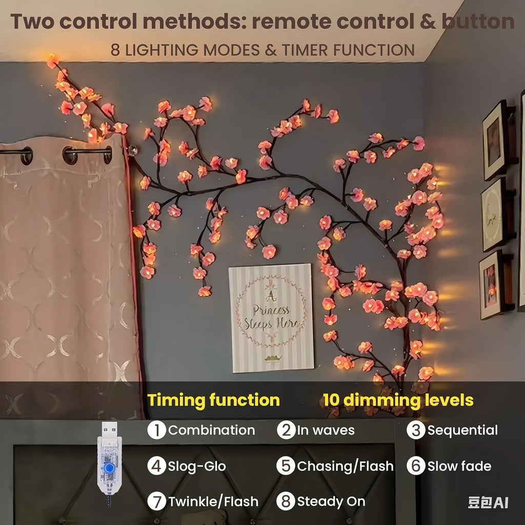 Guirnalda de ramas de cerezo con luces LED, 72/96 luces LED, ramitas de sauce y flores de durazno, ideal para fiestas en interiores, paredes, puertas y ventanas.