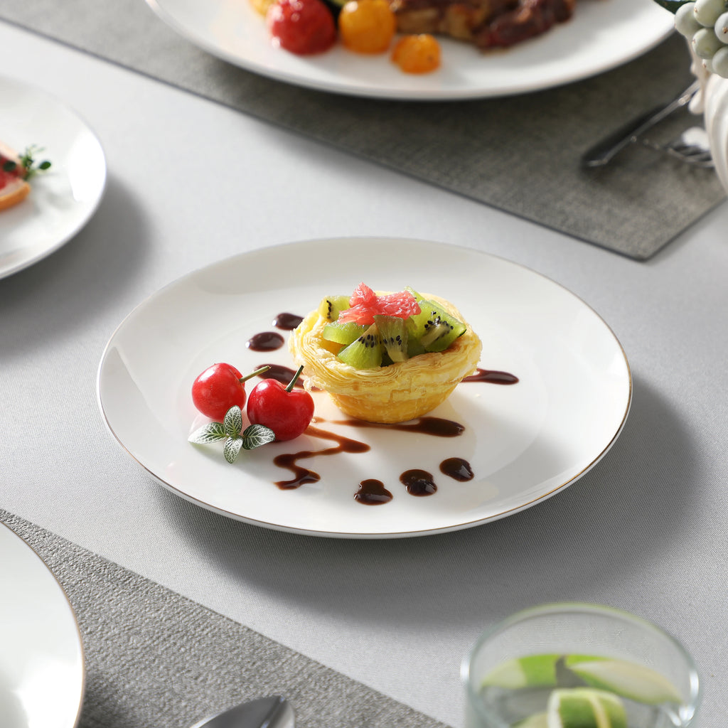 Juego de vajilla MALACASA de porcelana blanca con borde dorado, estilo nórdico europeo, de 16/32 piezas, con cuenco, plato llano, plato de postre y plato hondo para 4 personas.