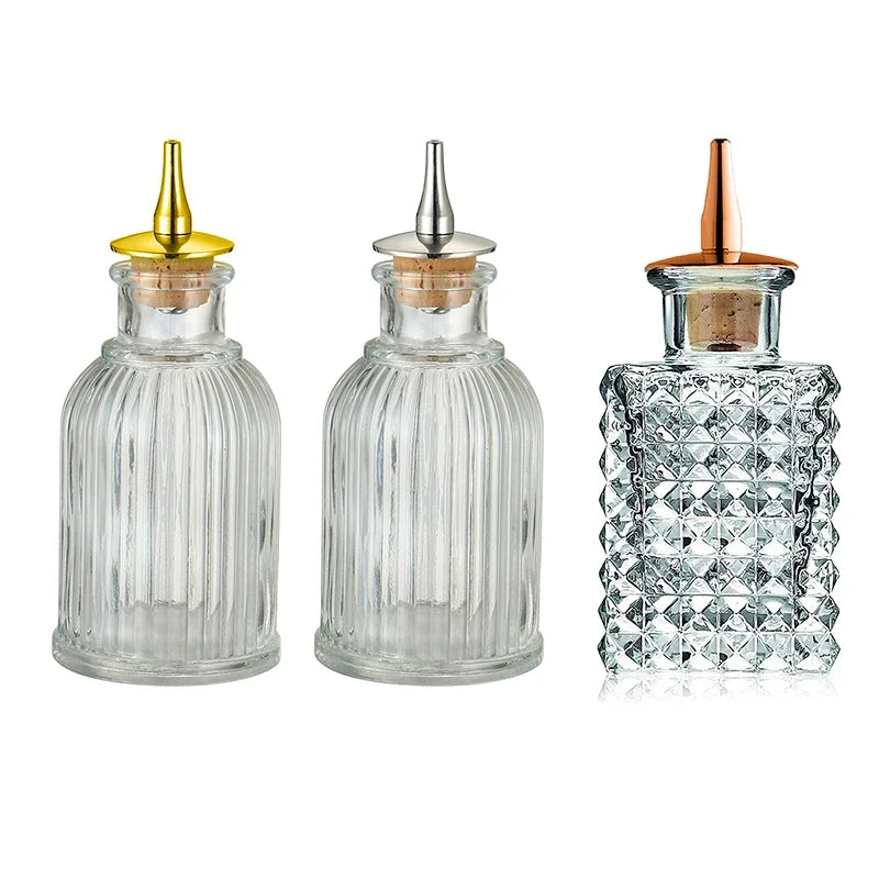 Botella de amargo - Botella de vidrio vintage, botellas decorativas con tapón dosificador, botellas dosificadoras para preparar cócteles, ideal para bartenders.