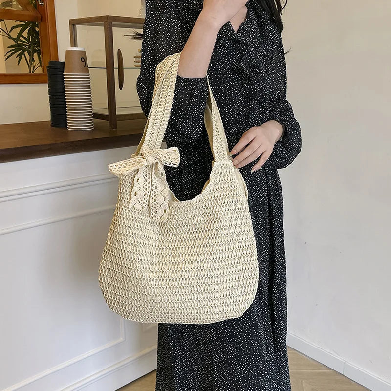 Bolsos de hombro de ratán para mujer, bolsos de mano tejidos para mujer, bolsos de paja de gran capacidad para la playa de verano, bolsos de mano informales.