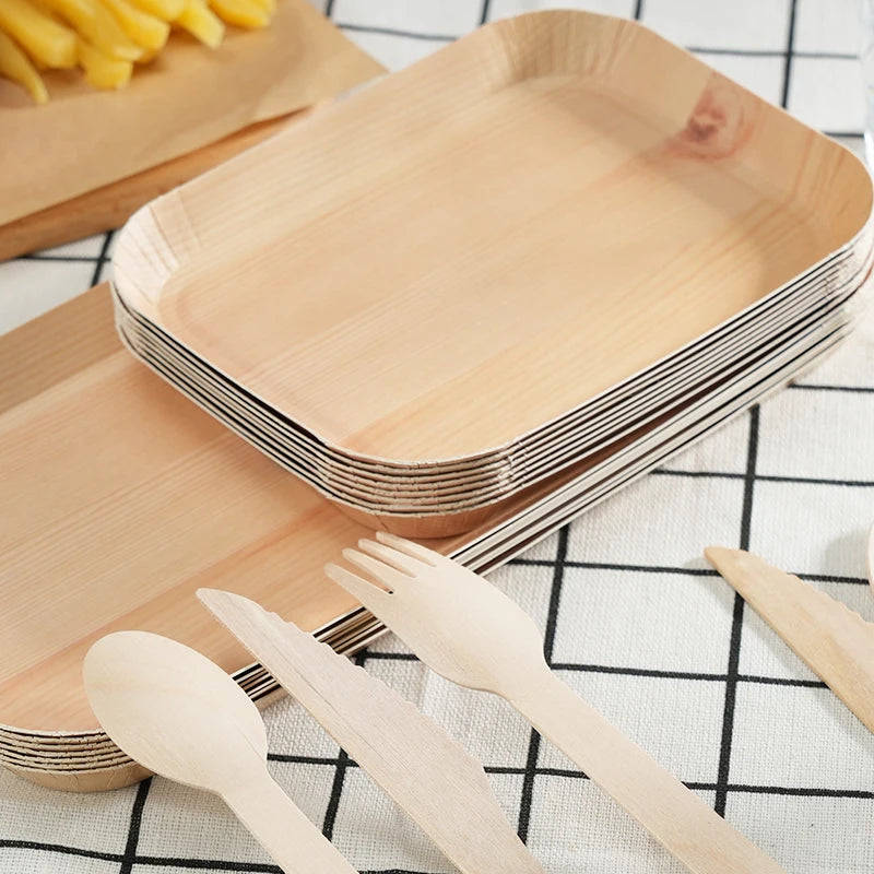 10/20 unidades de platos rectangulares desechables de madera, bandeja de papel, vajilla para postres, pan y ensaladas, accesorios de mesa para cenas y fiestas.