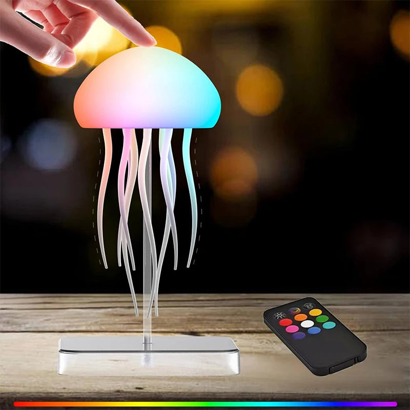 Lámpara LED con forma de medusa, 9 tentáculos, 2 modos de funcionamiento, batería de larga duración, efectos de luz con degradado de color y mando a distancia.