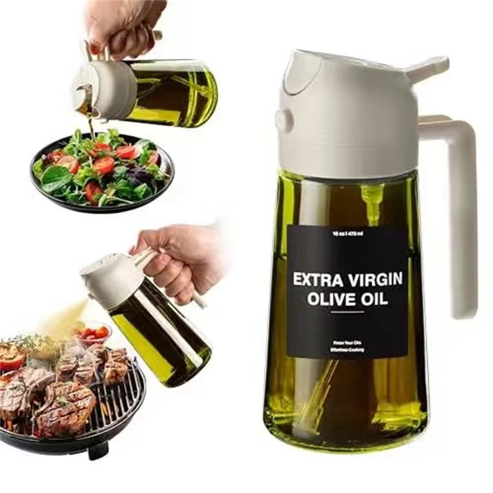 Pulverizador de aceite de 470 ml para cocinar, dispensador de aceite de oliva y botella pulverizadora 2 en 1, pulverizador de aceite con pegatinas, botella pulverizadora de vidrio grueso