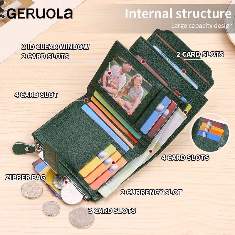 Cartera multifuncional antirrobo RFID de tres pliegues y múltiples pliegues de cuero genuino de vaca con cierre magnético y cierre antimanipulación.
