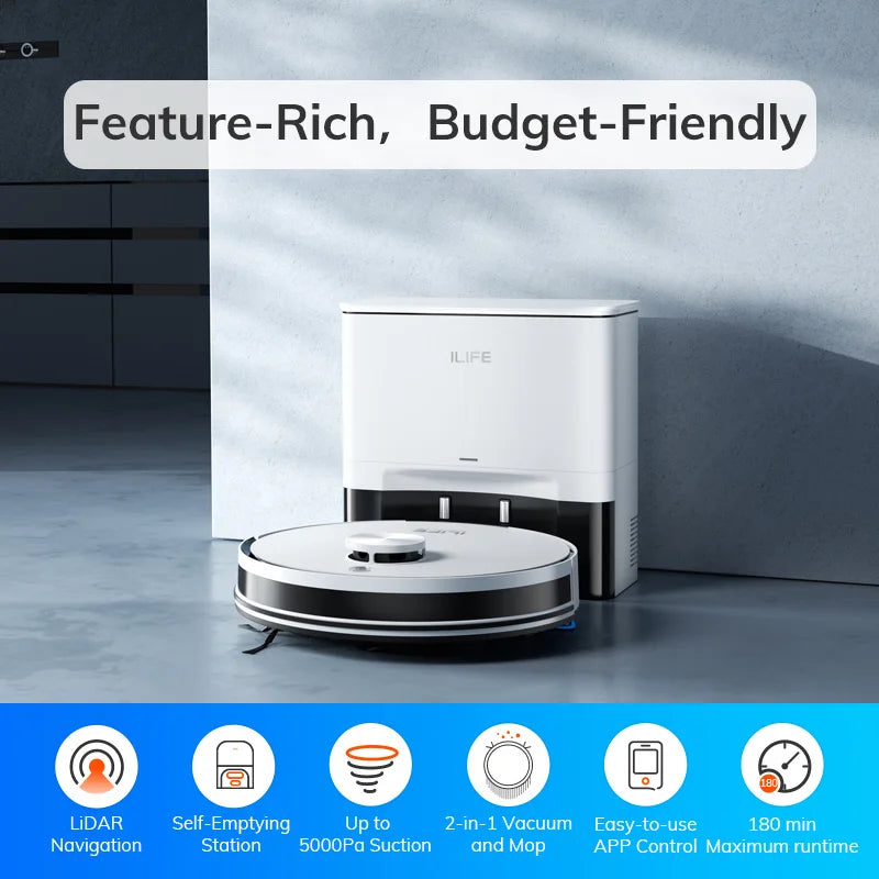 ILIFE A30 PRO, aspiradora y fregona robot con potencia de succión de 5000 Pa, vaciado automático, capacidad para 60 días, control por aplicación/mando a distancia, autonomía de 180 minutos.
