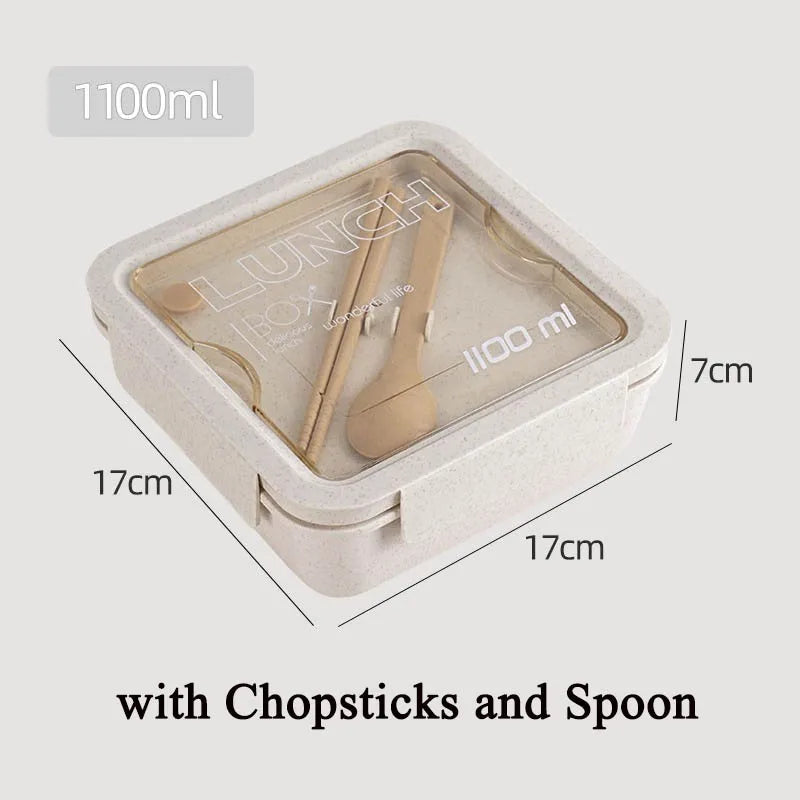 Caja de almuerzo de 1100ML para niños, escuela, adultos, oficina, de paja de trigo, apta para microondas, picnic, almacenamiento, portátil, gran caja bento con cuchara y palillos