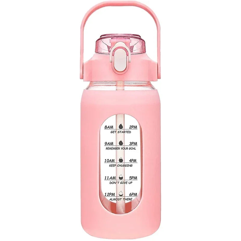 Botellas de agua de vidrio de 1000 ml con pajita, botella de vidrio con funda de silicona y marcador de tiempo, para gimnasio, camping, hogar y oficina.