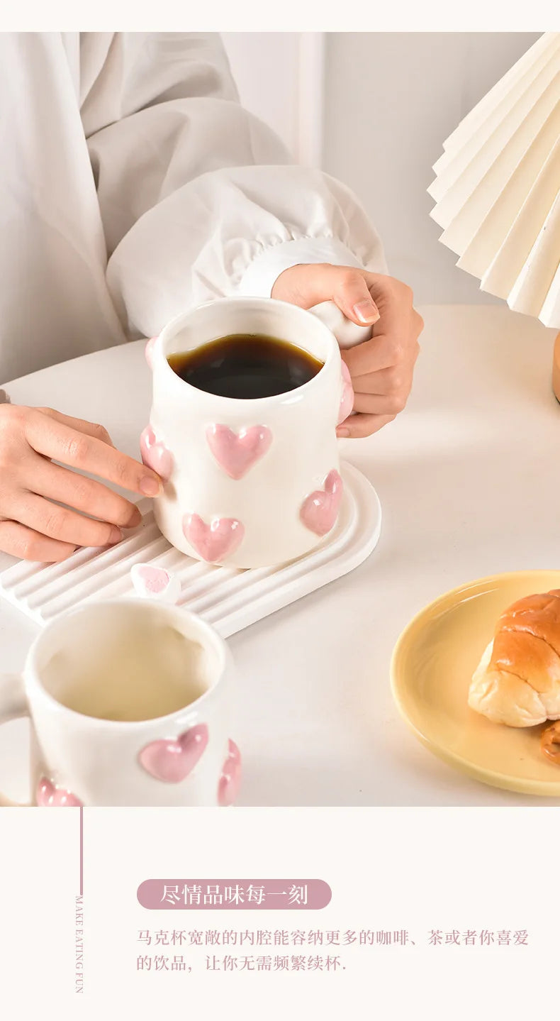 Taza de cerámica rosa con forma de corazón de AhunderJiaz, juego de tazas de café para el hogar, juego de utensilios de cocina, regalo de cumpleaños, decoración del hogar.