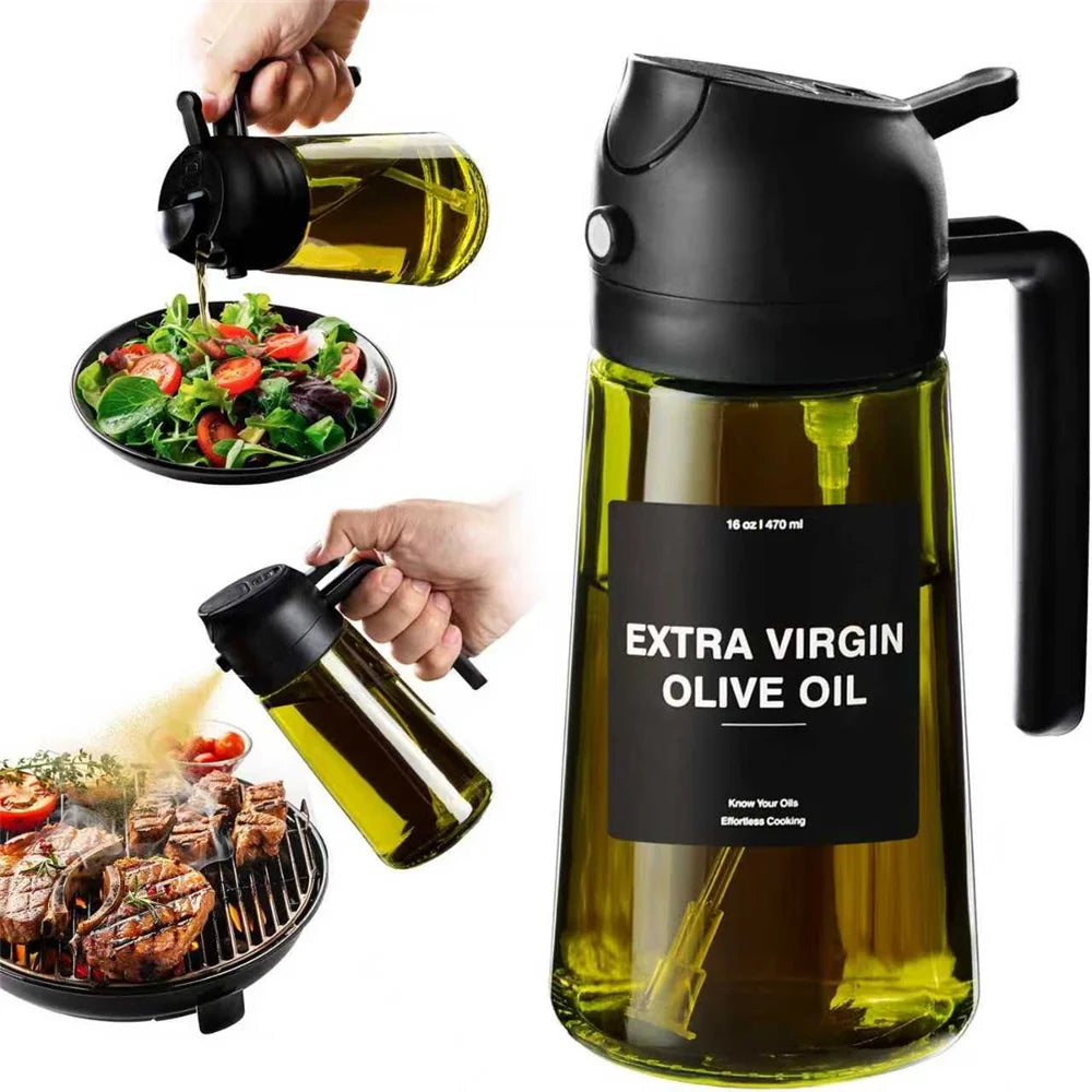 Pulverizador de aceite de 470 ml para cocinar, dispensador de aceite de oliva y botella pulverizadora 2 en 1, pulverizador de aceite con pegatinas, botella pulverizadora de vidrio grueso