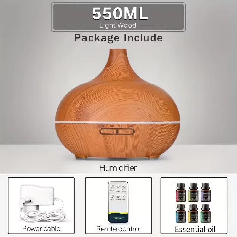 Difusor de aceites esenciales para aromaterapia con acabado de madera, control remoto, humidificador de aire ultrasónico, luz LED de 7 colores.