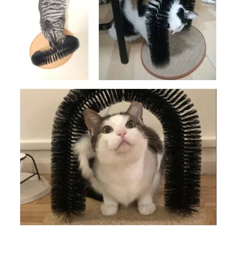 Arco de juguete para gatos, auto-aseo, mima a tu felino con un cepillo de masaje y frotamiento con rascador, juguete interactivo para gatos.
