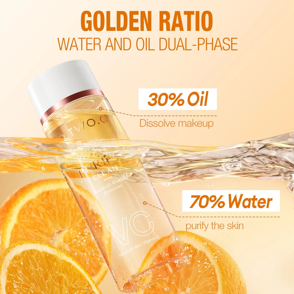 Desmaquillante bifásico con esencia de vitamina C para pieles sensibles. Disuelve instantáneamente el maquillaje más resistente sin irritar.